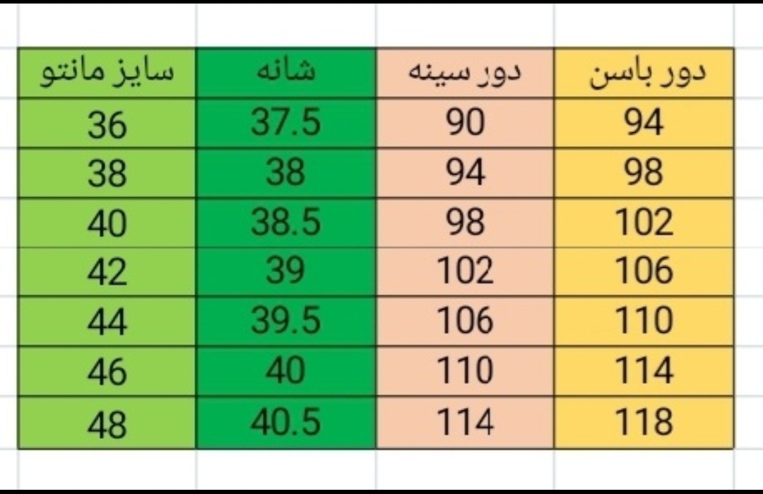 جدول سایز بندی 