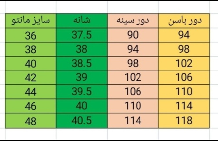 جدول سایز بندی